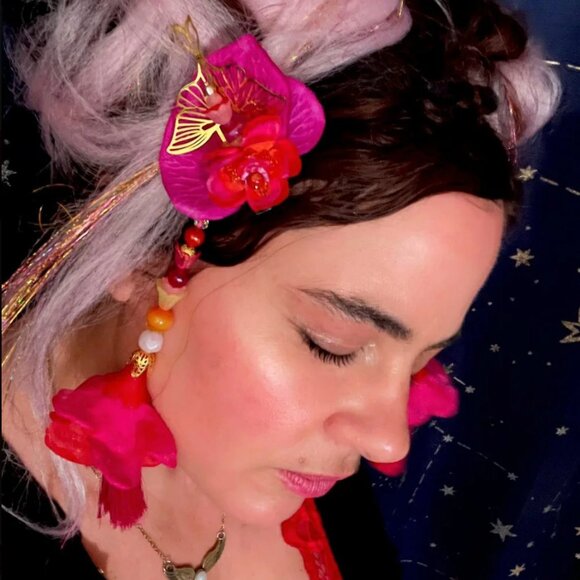 Artist Made ECSTATIC Pink Red Party Festival Rave Flower Hair Decor Clip Tassel - Picture 1 of 7